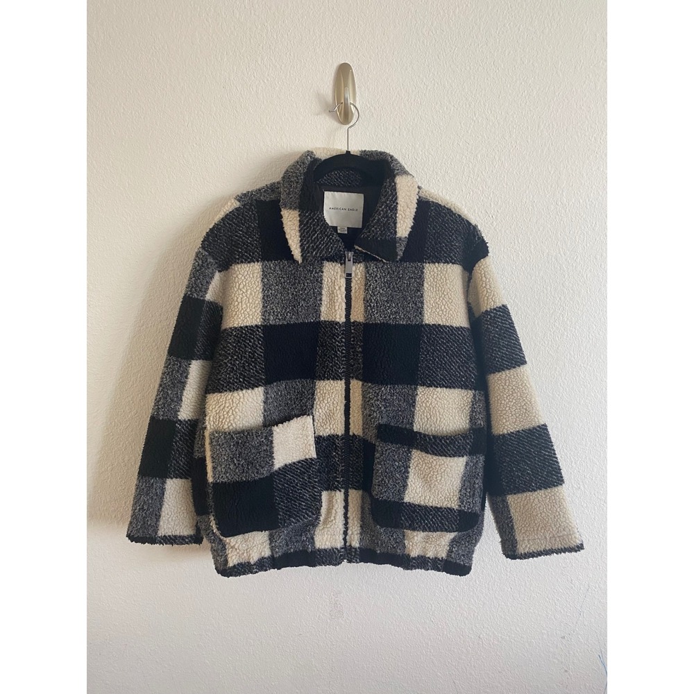 American Eagle Fleece Jacket Black White Buffalo Plaid Zip Up Cozy Cabincore M